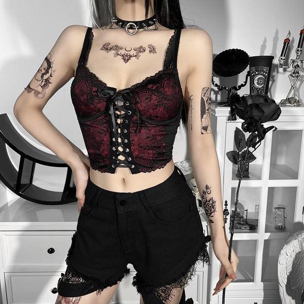 Sourpuss Clothing Lace Backless Gothic Crop Top With Adjustable Straps