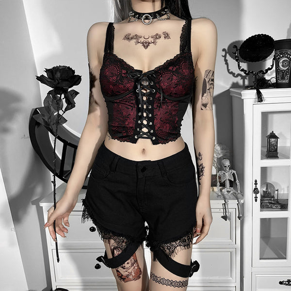 Sourpuss Clothing Lace Backless Gothic Crop Top With Adjustable Straps