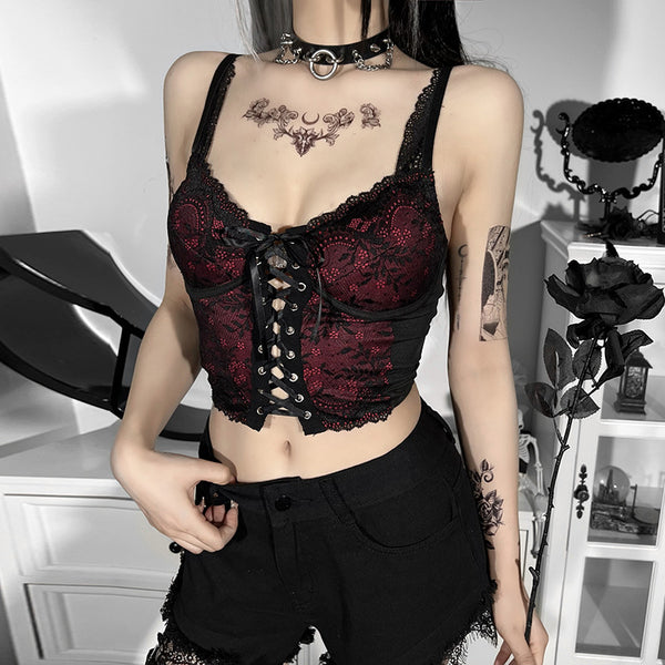 sourpuss clothing Lace Backless Gothic Crop Top with Adjustable Straps