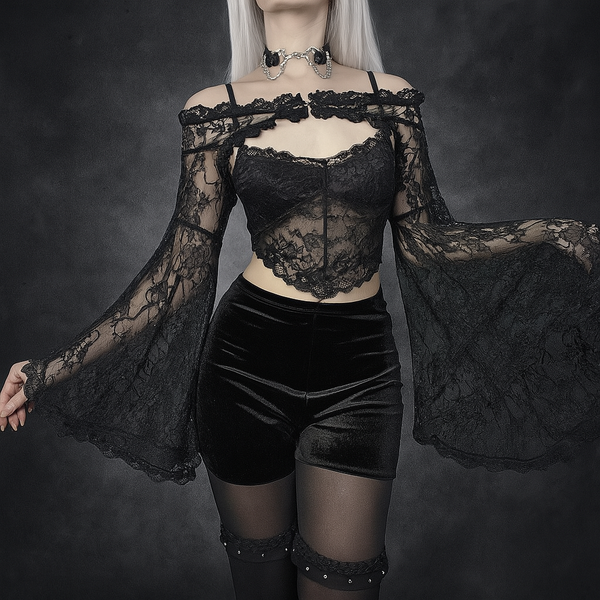 Sourpuss Clothing Lace Overlay Sheer Cardigan With Cascading Sleeves