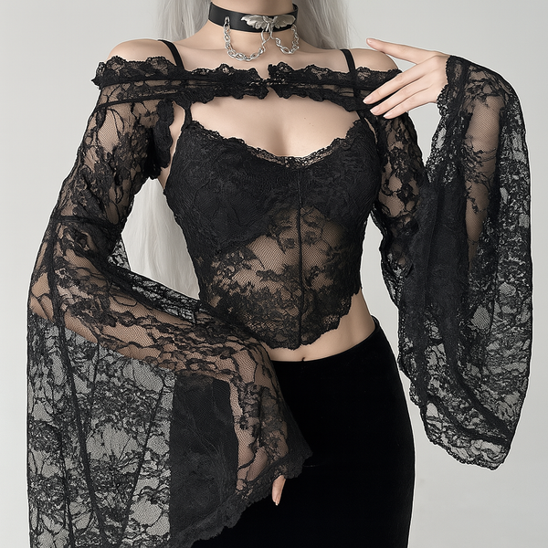 sourpuss clothing Lace Overlay Sheer Cardigan with Cascading Sleeves