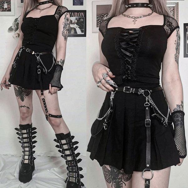 Sourpuss Clothing Lace Trim Square Neck Gothic Top With Short Sleeves