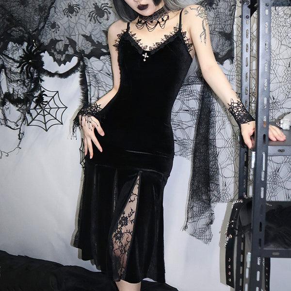 Sourpuss Clothing Lace Trimmed Dark Velvet Slip Dress