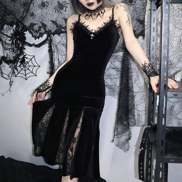 sourpuss clothing Lace Trimmed Dark Velvet Slip Dress