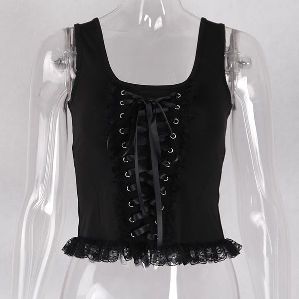 Sourpuss Clothing Lace Up Gothic Tank Top With Square Neckline