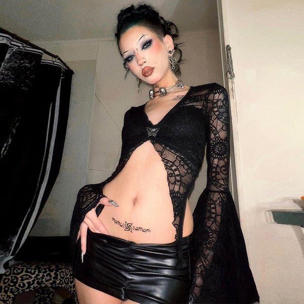 Sourpuss Clothing Occult Luxury Lace Crop Top With Flared Sleeves