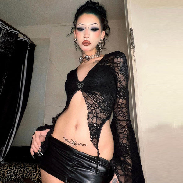 Sourpuss Clothing Occult Luxury Lace Crop Top With Flared Sleeves