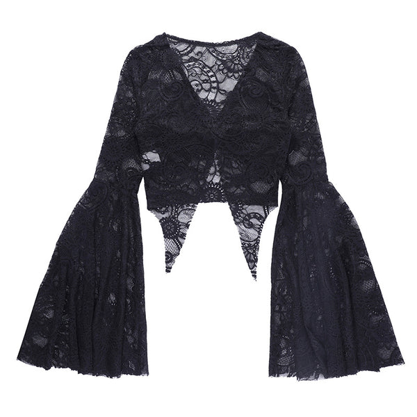 Sourpuss Clothing Occult Luxury Lace Crop Top With Flared Sleeves