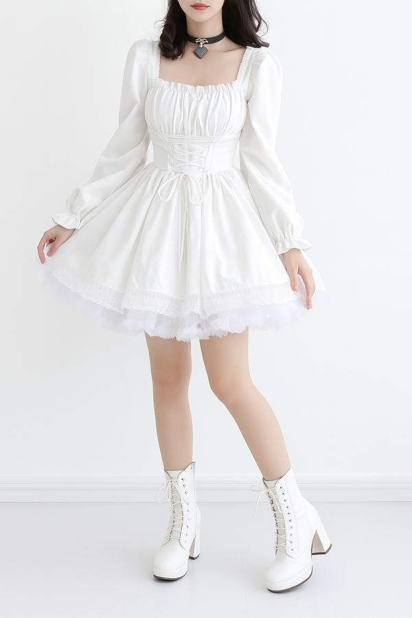 Sourpuss Clothing Puff Sleeve Gothic Princess Dress With Lace Trim