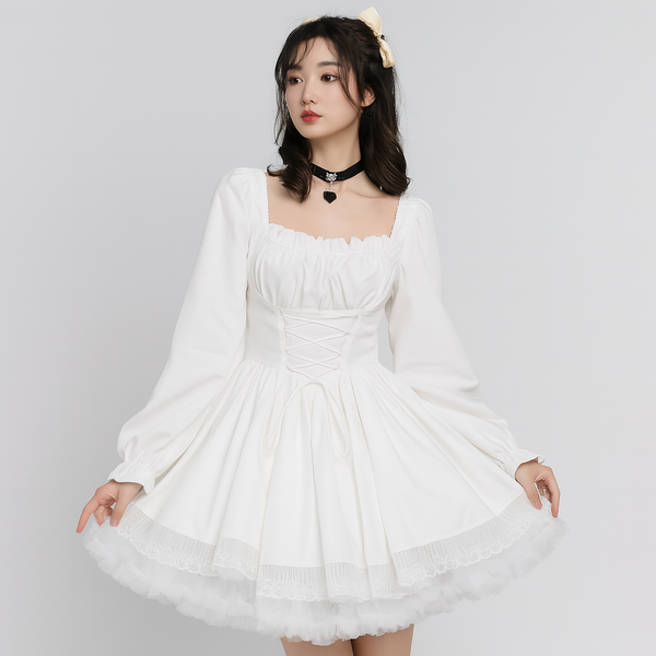 sourpuss clothing Puff Sleeve Gothic Princess Dress with Lace Trim