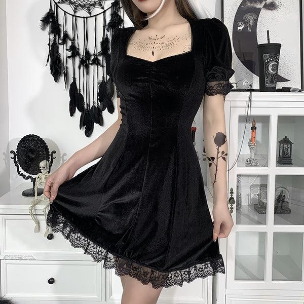 Sourpuss Clothing Puff Sleeve Lace Trim Gothic Velvet Dress