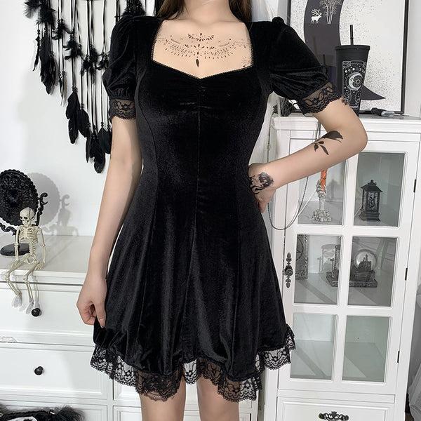Sourpuss Clothing Puff Sleeve Lace Trim Gothic Velvet Dress