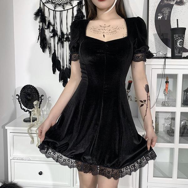 sourpuss clothing Puff Sleeve Lace Trim Gothic Velvet Dress