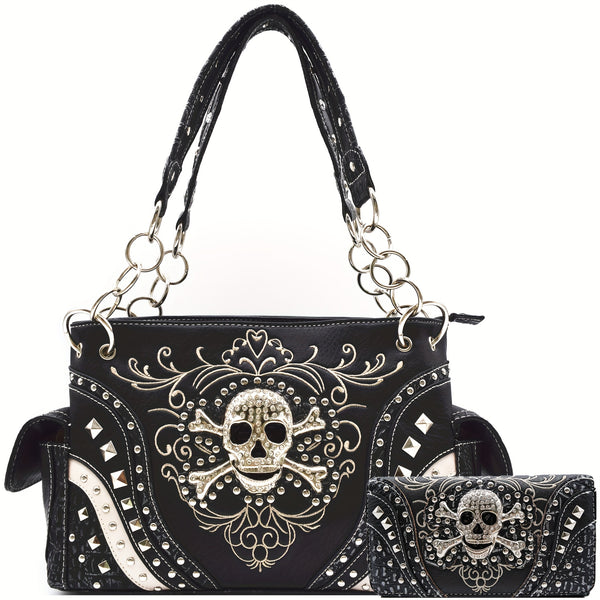 Sourpuss Clothing Punk Gothic Rock Metallic Skull Day Of The Dead Floral Sugar Skull Purse Women Handbag Shoulder Bag Wallet Set