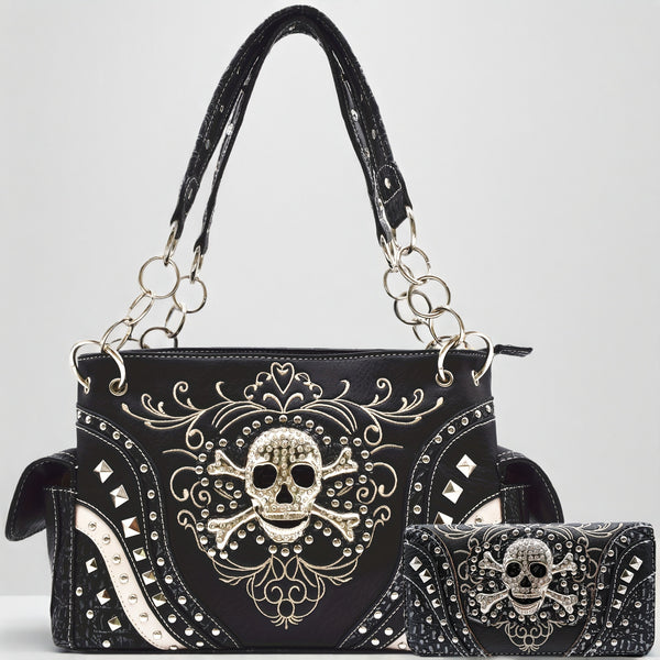 sourpuss clothing Punk Gothic Rock Metallic Skull Day Of The Dead Floral Sugar Skull Purse Women Handbag Shoulder Bag Wallet Set