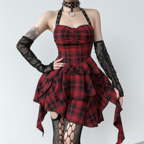 Sourpuss Clothing Red Plaid Goth Halter Dress With Asymmetrical Hemline