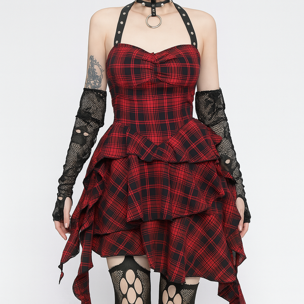 Sourpuss Clothing Red Plaid Goth Halter Dress With Asymmetrical Hemline