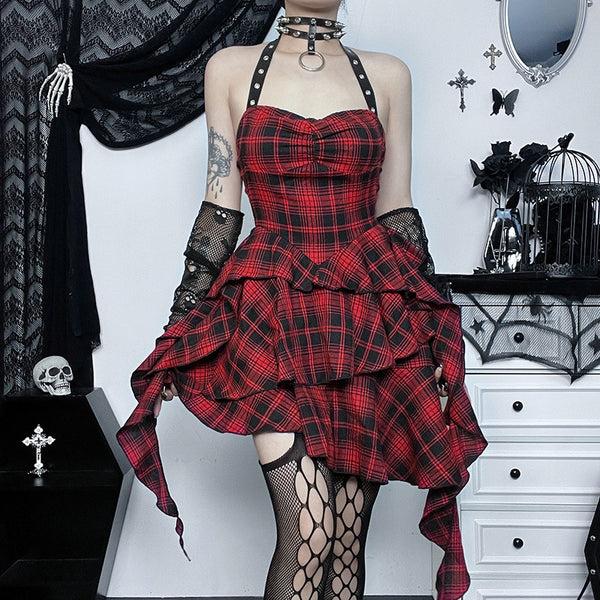sourpuss clothing Red Plaid Goth Halter Dress With Asymmetrical Hemline