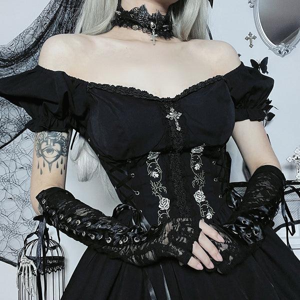 Sourpuss Clothing Rose Of Darkness Gothic A-Line Dress With Lace Detailing