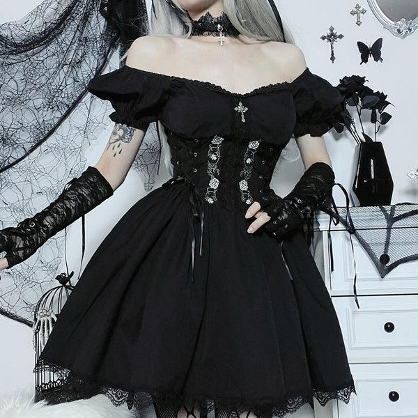 Sourpuss Clothing Rose Of Darkness Gothic A-Line Dress With Lace Detailing
