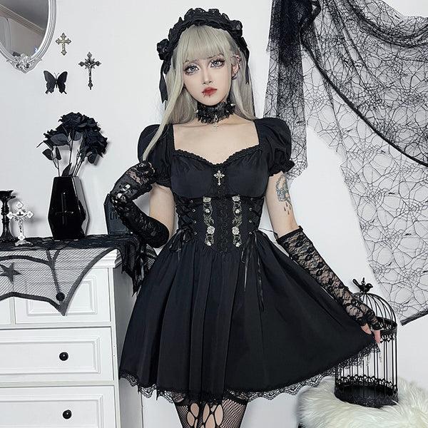 Sourpuss Clothing Rose Of Darkness Gothic A-Line Dress With Lace Detailing