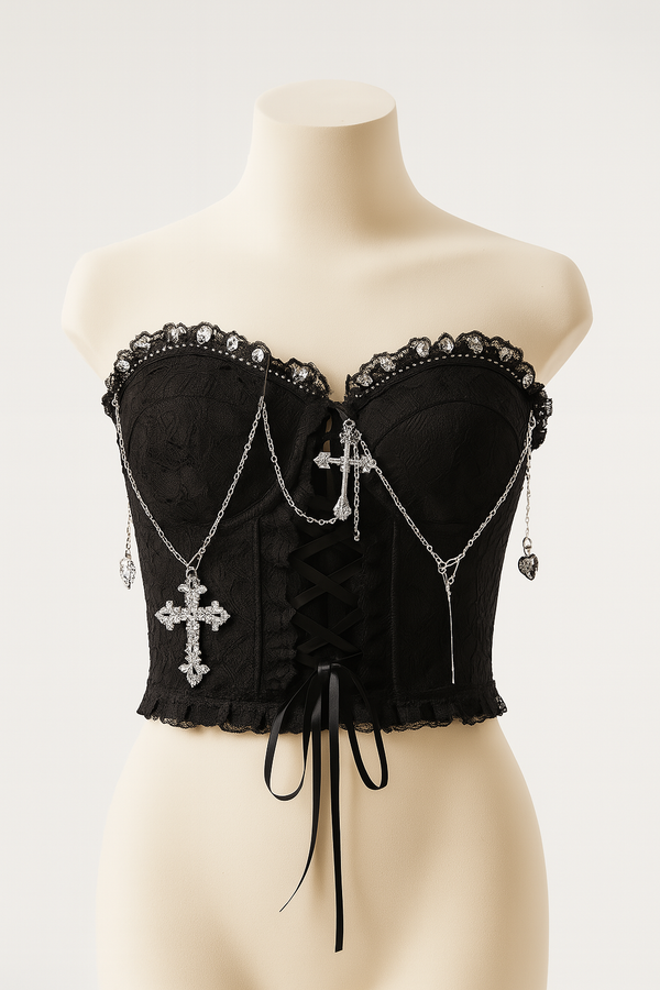 Sourpuss Clothing Sensual Gothic Crop Top With Chain Cross Charms
