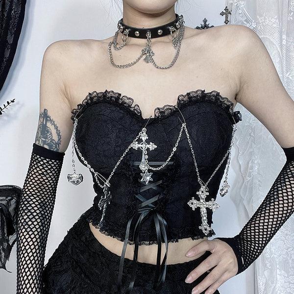 sourpuss clothing Sensual Gothic Crop Top with Chain Cross Charms
