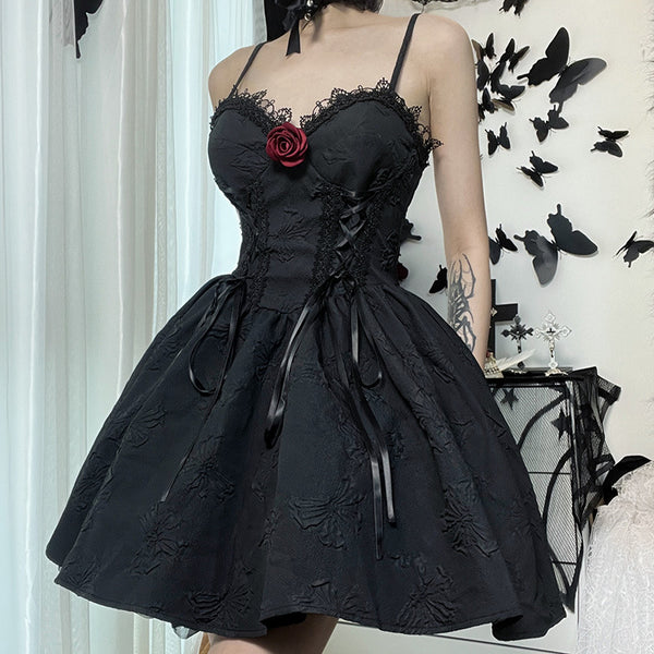 Sourpuss Clothing Sensual Lace Trimmed Gothic Dress With Removable Rose Accent