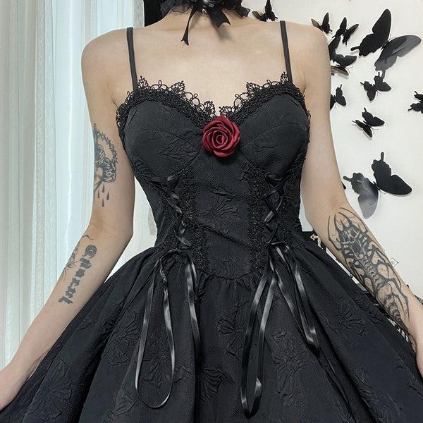 Sourpuss Clothing Sensual Lace Trimmed Gothic Dress With Removable Rose Accent