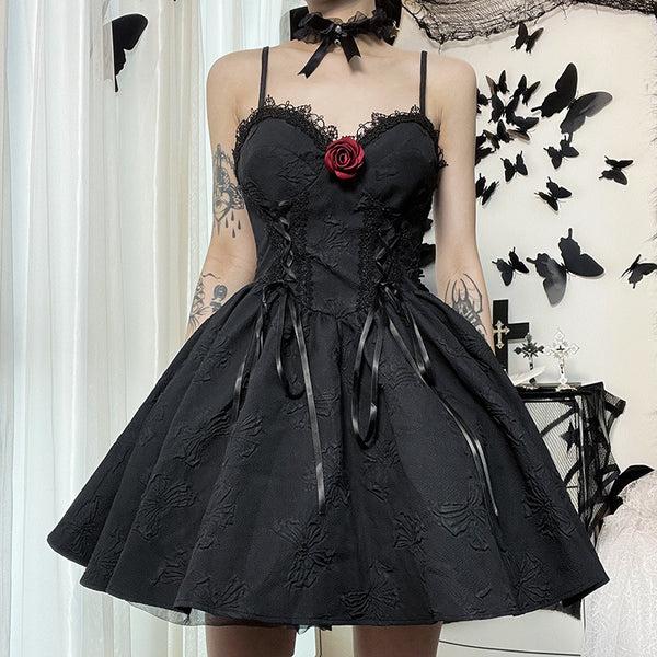 sourpuss clothing Sensual Lace Trimmed Gothic Dress with Removable Rose Accent