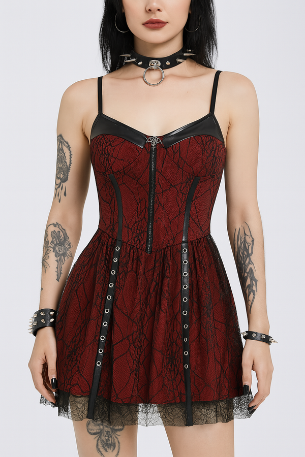 Sourpuss Clothing Sexy Gothic Lace-Up Crop Top With Red Cracked Pattern