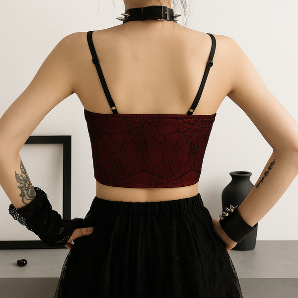 Sourpuss Clothing Sexy Gothic Lace-Up Crop Top With Red Cracked Pattern
