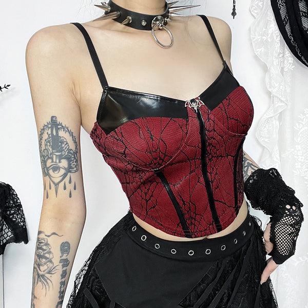 sourpuss clothing Sexy Gothic Lace-Up Crop Top with Red Cracked Pattern