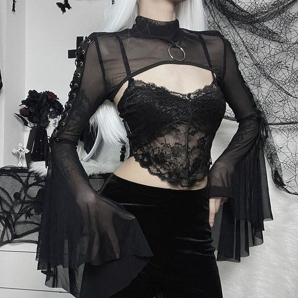 Sourpuss Clothing Sheer Gothic Mesh Top With Flared Sleeves