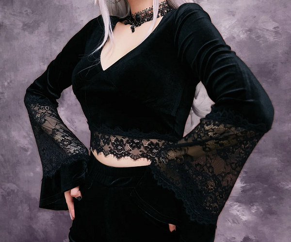 sourpuss clothing Sheer Lace Flared Sleeve Crop Top