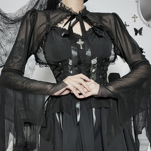 Sourpuss Clothing Sheer Lace Trimmed Gothic Top With Floral Cut-Outs