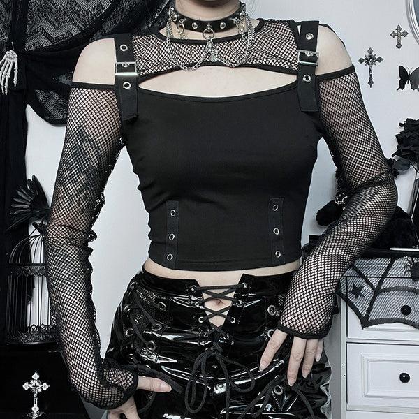 Sourpuss Clothing Shoulderless Black Punk Top With Fishnet Sleeves