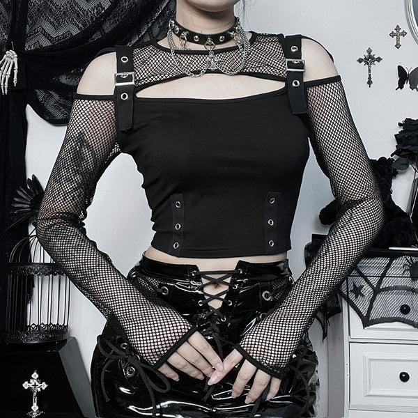 sourpuss clothing Shoulderless Black Punk Top with Fishnet Sleeves