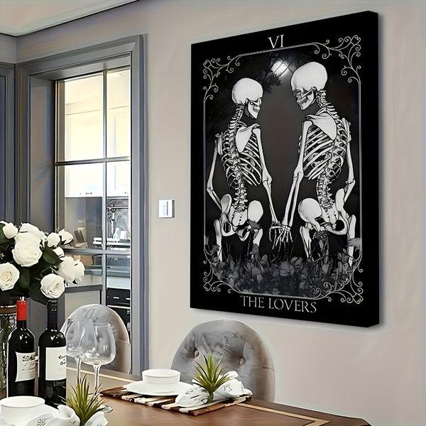 Sourpuss Clothing Skeletal Tarot 'The Lovers' Card Canvas Art – Gothic Romance Skeleton Couple Illustration With Wooden Frame Dark Floral Background Perfect For Halloween Mother's Day Father's Day And Unique Home Decor Highqua