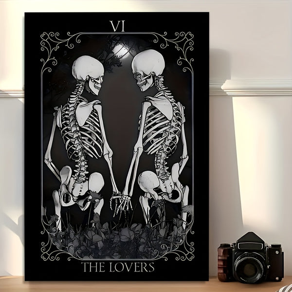 Sourpuss Clothing Skeletal Tarot 'The Lovers' Card Canvas Art – Gothic Romance Skeleton Couple Illustration With Wooden Frame Dark Floral Background Perfect For Halloween Mother's Day Father's Day And Unique Home Decor Highqua