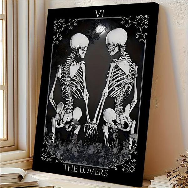 sourpuss clothing Skeletal Tarot 'The Lovers' Card Canvas Art – Gothic Romance Skeleton Couple Illustration with Wooden Frame Dark Floral Background Perfect for Halloween Mother's Day Father's Day and Unique Home Decor Highqua
