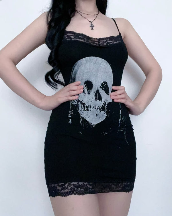 Sourpuss Clothing Skull Print Sleeveless Gothic Dress With High Waist Design