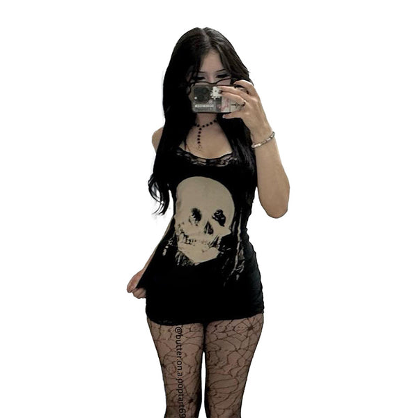 Sourpuss Clothing Skull Print Sleeveless Gothic Dress With High Waist Design