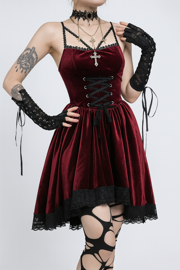 Sourpuss Clothing Dark Velvet Lace-Up A-Line Dress