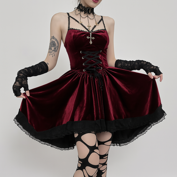 sourpuss clothing Dark Velvet Lace-Up A-Line Dress