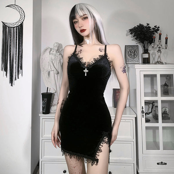 Sourpuss Clothing Dark Velvet Lace V-Neck Dress