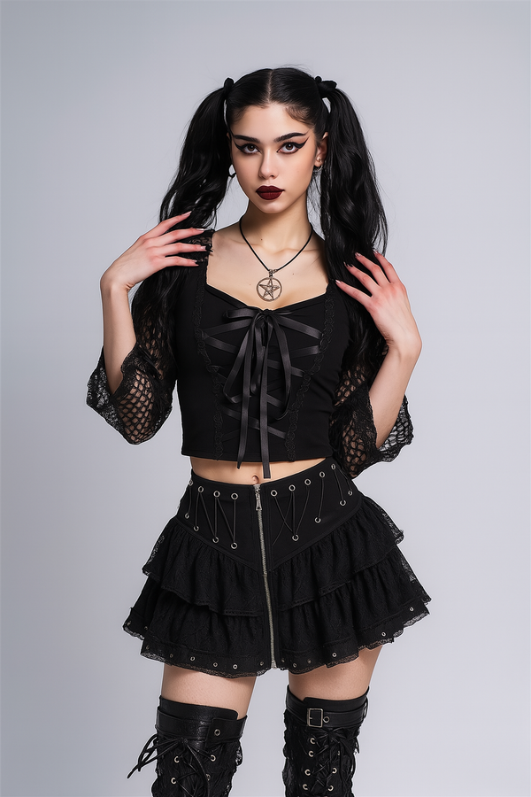 Sourpuss Clothing Summer Gothic Lace Ruffled Skirt