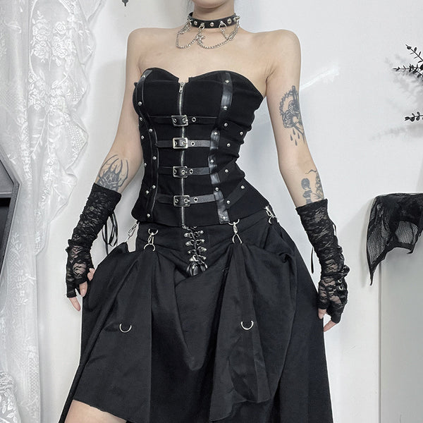 sourpuss clothing Strapless Fishbone Top with Edgy Zip and Buckle Accents