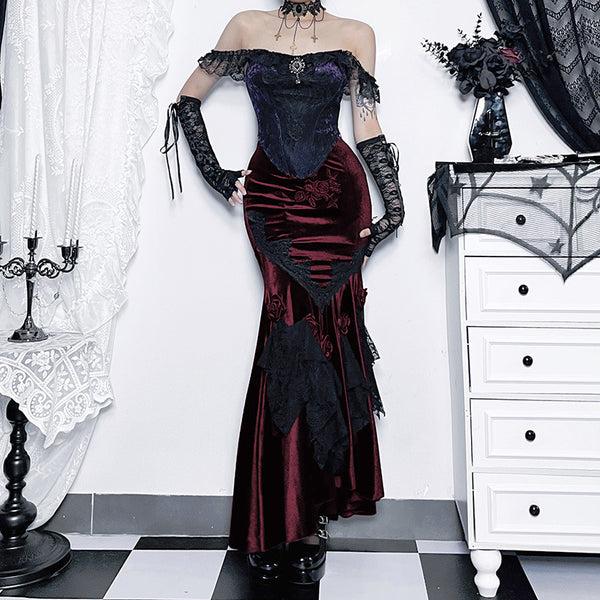 Sourpuss Clothing Sultry Gothic Mermaid Dress With Floral Patchwork And Off-Shoulder Neckline