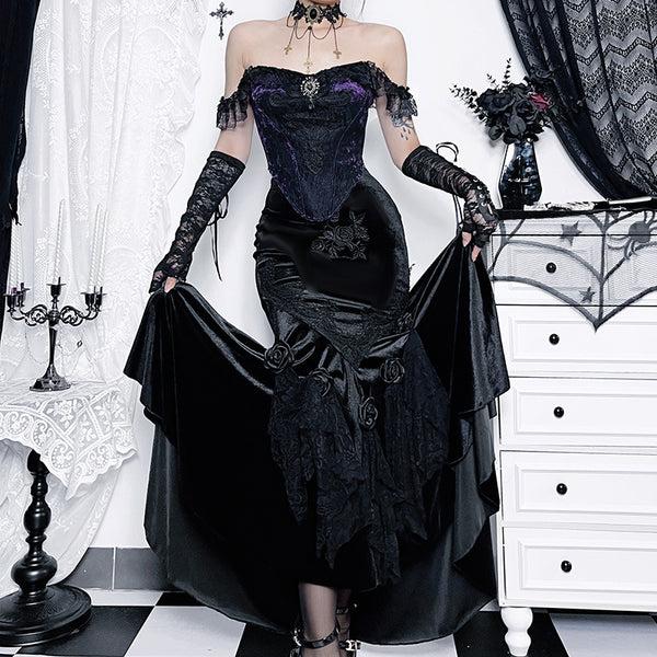 sourpuss clothing Sultry Gothic Mermaid Dress with Floral Patchwork and Off-Shoulder Neckline